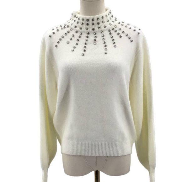 Lush Sweaters - LUSH Sz S Ivory Cream Embellished Mock Collar Long Sleeve Sweater NWT B50